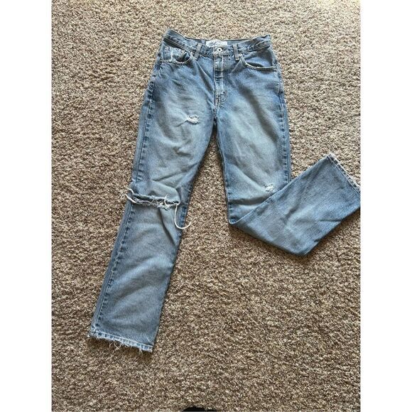 Express Blue Distressed Worn-In Bootcut Jeans 5/6 Regular 100% Cotton Medium Was - Picture 1 of 11